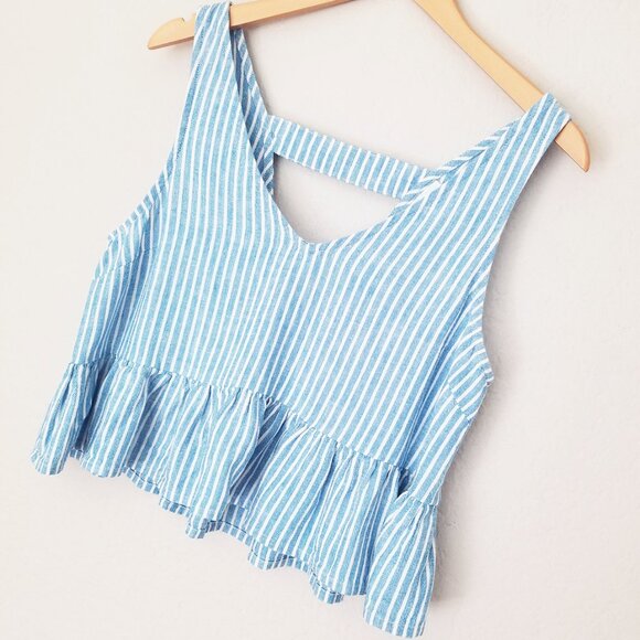 Abound Linen Blend Crop Top S Blue White Striped Peplum Crop Ruffle Sleeveless - Picture 14 of 14